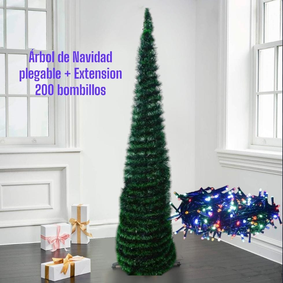 Arbol de Navidad Verde Plegable +Luces (200 bombillos)